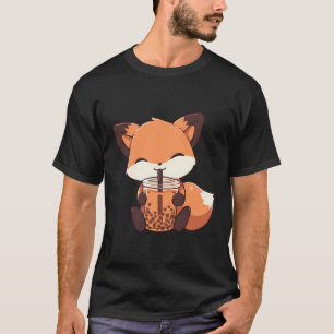 Camiseta Kawaii Cute Fox Bebendo Boba Bubble milk Tea
