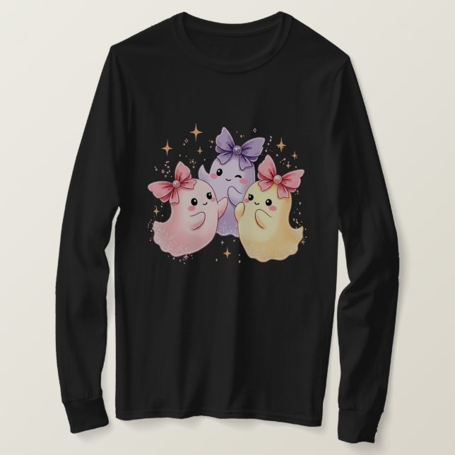 Camiseta Kawaii Cute Pastel Fantasmas com Arcos (Frente do Design)