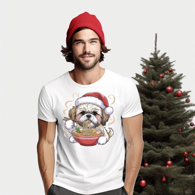 Camiseta Kawaii Cute Santa Shih Tzu Eating Ramen (Criador carregado)