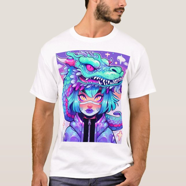 Camiseta Kawaii Dragon Headdress Girl in Vaporwave Skies (Frente)