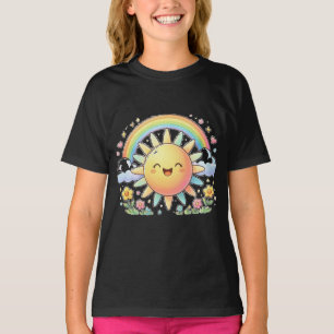 Camiseta Kawaii Feliz Luz Solar Arco-Íris Flores Fofo Verão