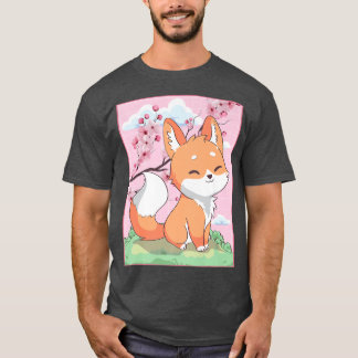 Camiseta Kawaii Fo Japonês Kitsune Sakura Cherry Blossom