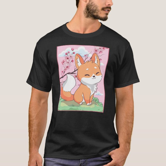 Camiseta Kawaii Fox Japanese Kitsune Sakura Cherry Blossom (Frente)