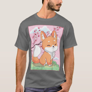 Camiseta Kawaii Fox Japonês Kitsune Sakura Cherry Blossom