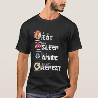Camiseta Kawaii Ga Sushi Comer Dormir Anime Repetir Anime