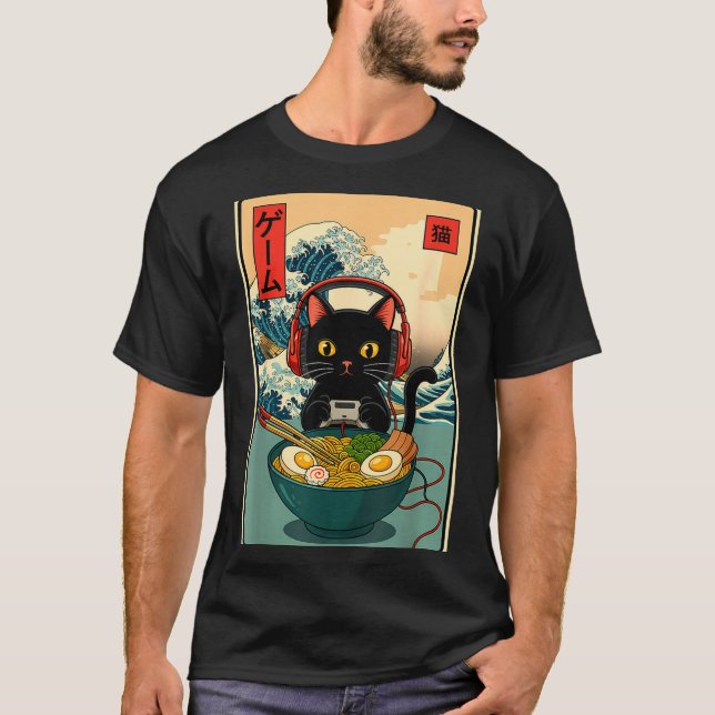 Camiseta Kawaii Gamer Cat Ramen Retro Japanese Funny Cat Ga (Frente)