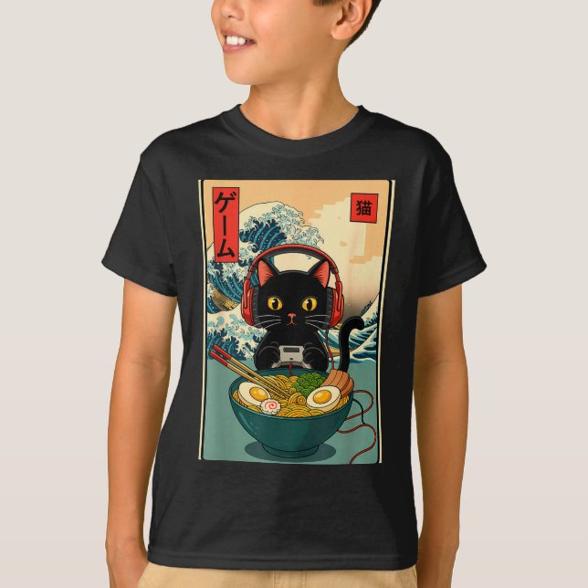 Camiseta Kawaii Gamer Cat Ramen Retro Japanese Funny Cat Ga (Frente)
