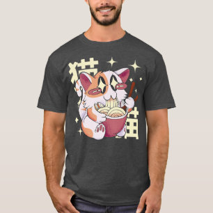 Camiseta Kawaii Gatinho Gato-Gato-Gato-Gato Comendo Ramen N