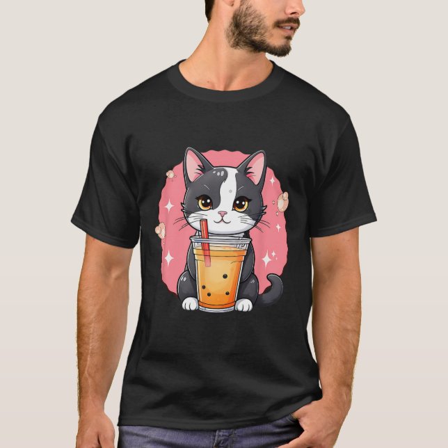 Camiseta Kawaii Gato Bonita Boba Tea Estilo Japonês Tuxedo  (Frente)