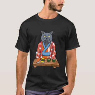Camiseta Kawaii - Gato Britânico Shorthair Kimono Sushi