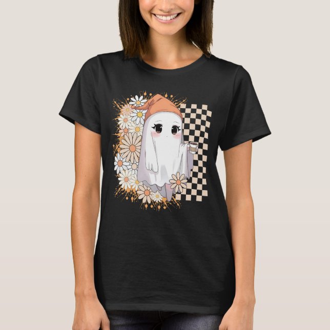 Camiseta Kawaii Ghost com café e margaridas - Cute Cozy (Frente)
