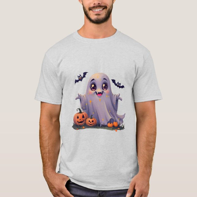 Camiseta Kawaii Ghost Cute Cartoon Design com Borda Arredon (Frente)