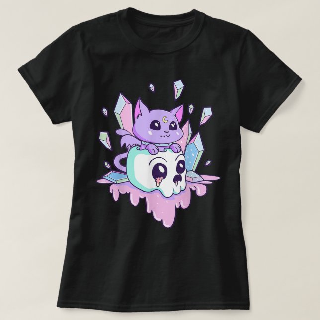 Camiseta Kawaii Gothic Cat Crystal Skull Art (Frente do Design)