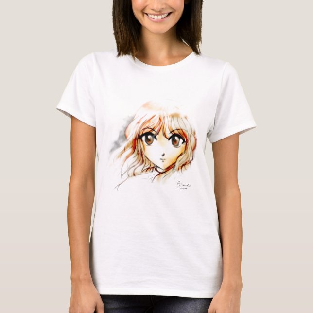 Camiseta Kawaii grande dos olhos do esboço da menina do (Frente)