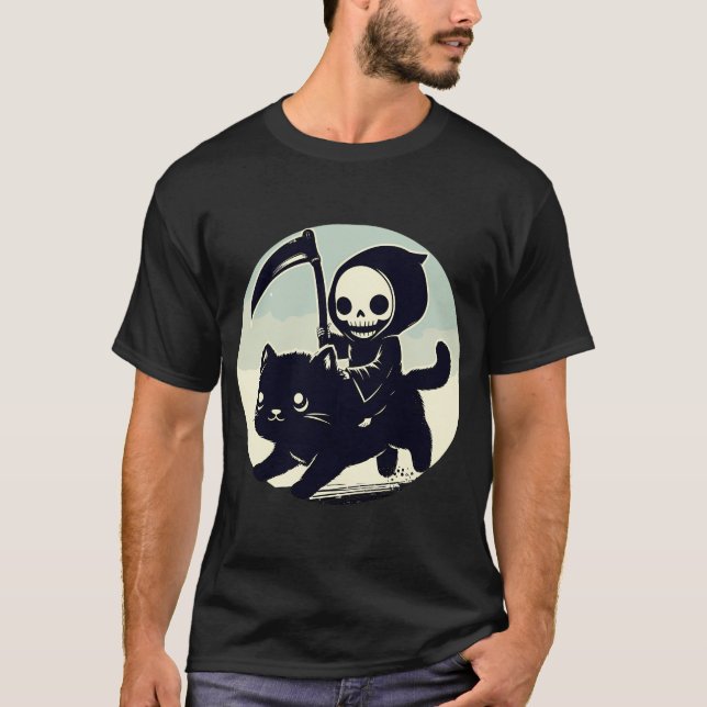 Camiseta Kawaii Grim Reaper Dirigindo-Se A Gato Negro (Frente)