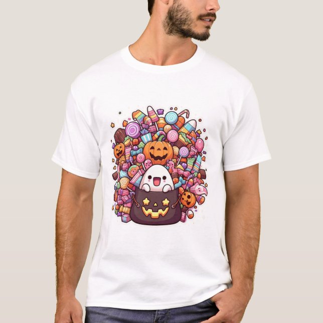 Camiseta Kawaii Halloween Balde Fantasma e Abóbora (Frente)