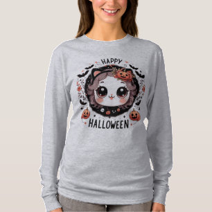 Camiseta Kawaii Halloween Cat Bat Pumpkin T-Shirt para Cria