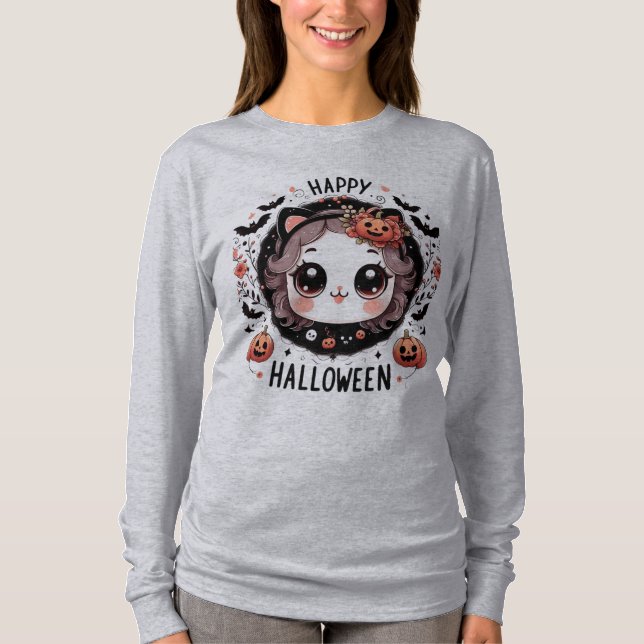 Camiseta Kawaii Halloween Cat Bat Pumpkin T-Shirt para Cria (Frente)