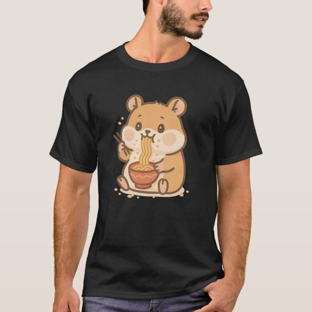 Camiseta Kawaii Hamster Comendo Ramen - Chubby Cheek Noodle (Frente)