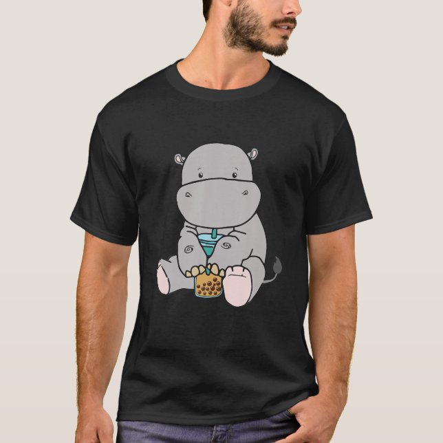 Camiseta Kawaii Hippopotamus Bubble Tea Milk Cute Japonês (Frente)