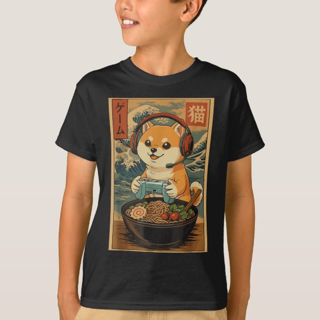 Camiseta Kawaii Japanese Ramen Dog Retro Gaming Shirts For  (Frente)