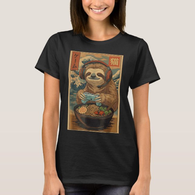 Camiseta Kawaii Japanese Ramen Sloth Retro Gaming Shirts Fo (Frente)