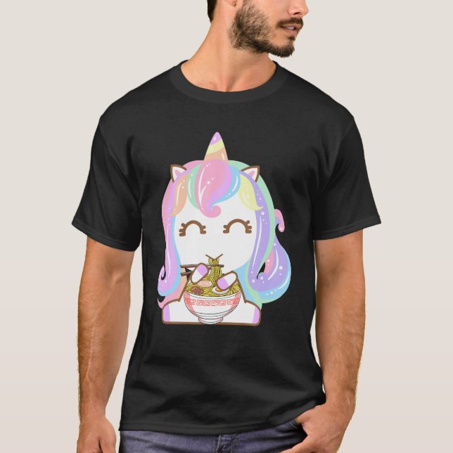Camiseta Kawaii Japonês Anime Unicorn Rapariga Ramen Comida (Frente)