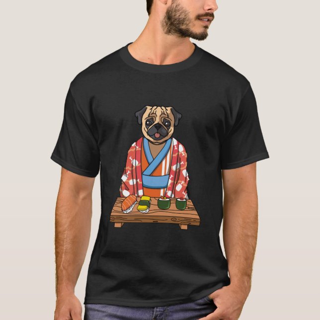 Camiseta Kawaii Japonês Pug Dog Kimono Sushi (Frente)