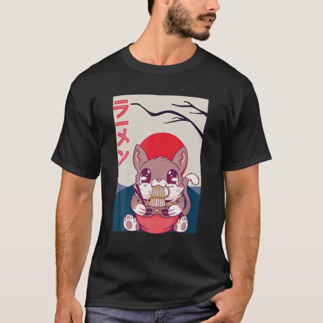 Camiseta Kawaii Japonês Squirrel Cat Comeu Ramen Enquanto G (Frente)