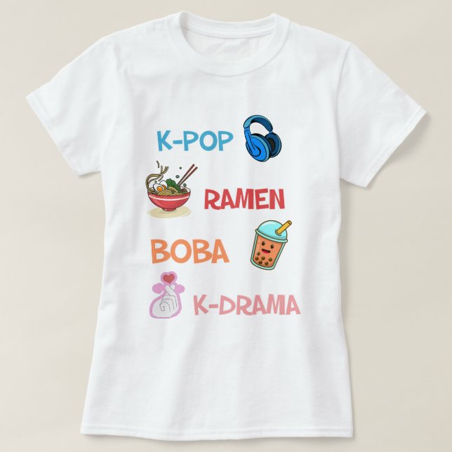 Camiseta  Kawaii K-Pop Ramen Boba Bubble Tea K-Drama (Frente do Design)