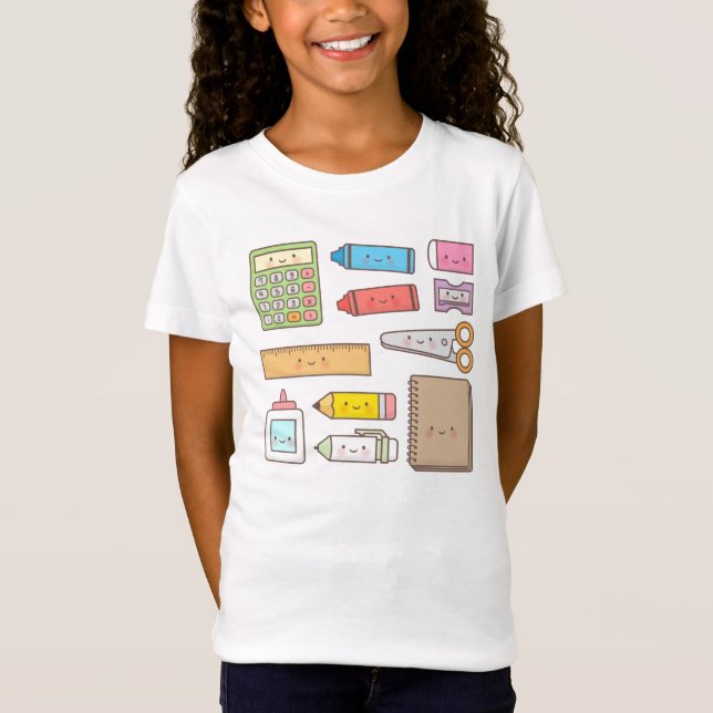 Camiseta Kawaii Kids de volta ao material escolar (Frente)