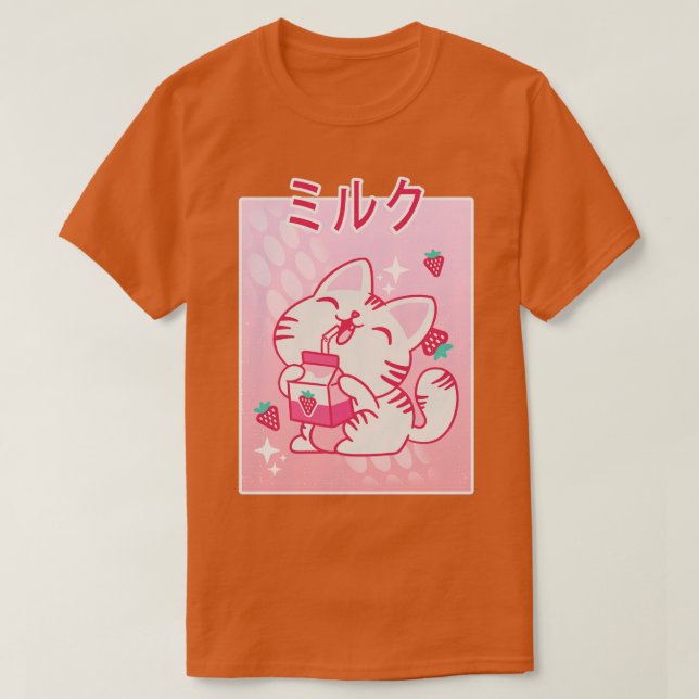 Camiseta Kawaii Kitten Strawberry Milk Otaku Mang (Frente do Design)