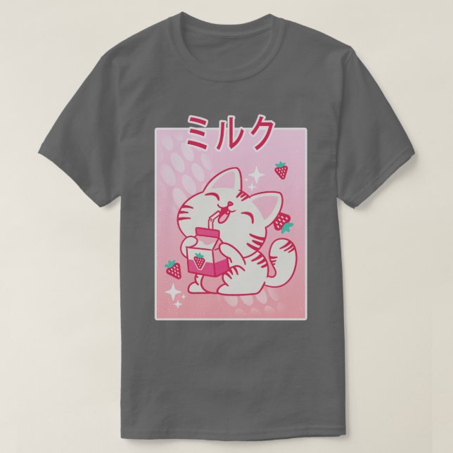 Camiseta Kawaii Kitten Strawberry Milk Otaku Mang (Frente do Design)