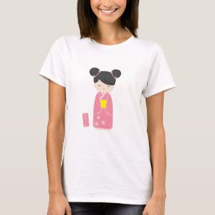 Camiseta Kawaii Kokeshi cor-de-rosa
