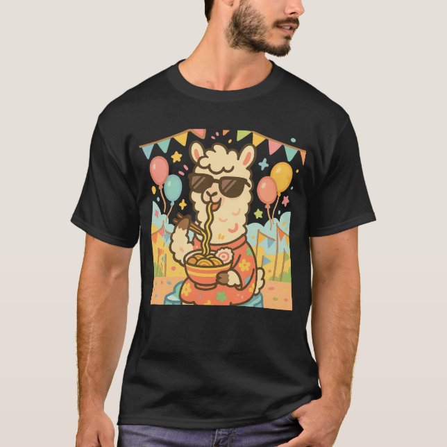 Camiseta Kawaii Llama Comendo Ramen - Comida do Festival (Frente)