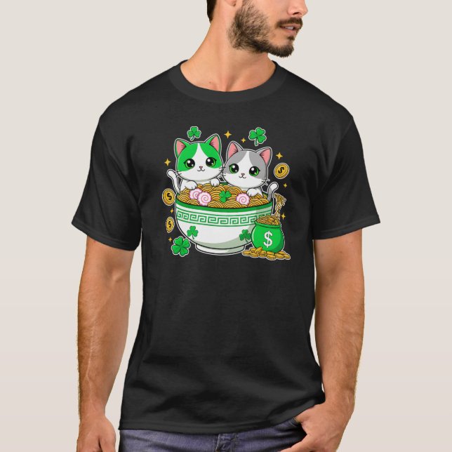 Camiseta Kawaii Lucky Cats Ramen St Patricks Day Art (Frente)