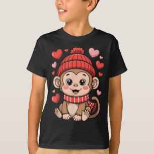 Camiseta Kawaii Macaco Dia dos Namorados Corações Cachecol