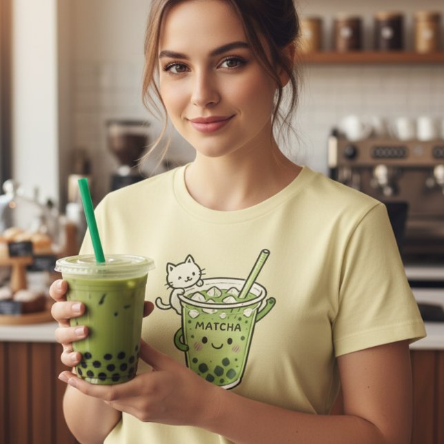 Camiseta Kawaii Matcha Bubble Tea Cat Gráfico de Bebidas Gr (Criador carregado)