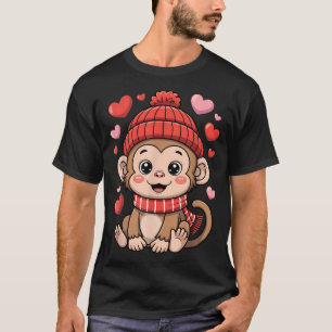 Camiseta Kawaii Monkey Dia dos Namorados Corações Cachecol