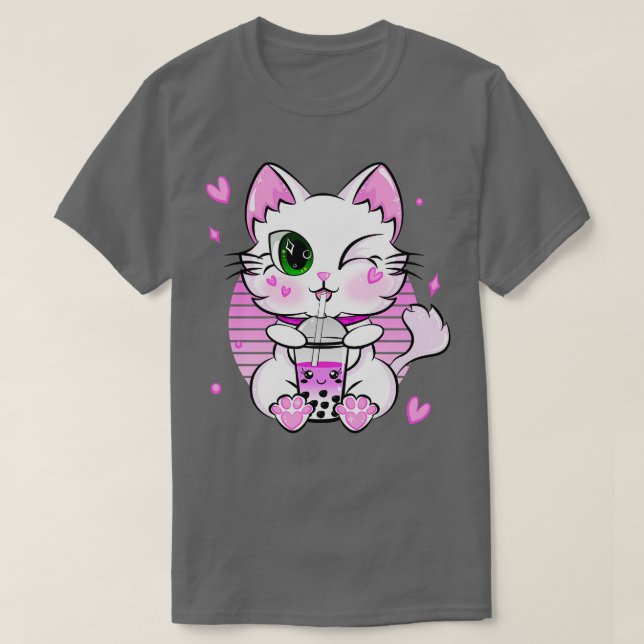 Camiseta Kawaii Neko Bebendo Boba Tea (Frente do Design)