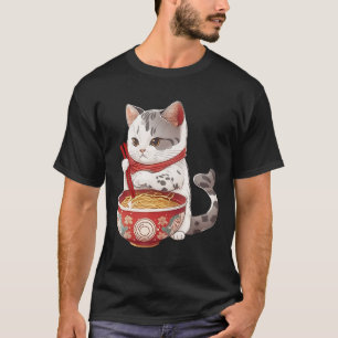 Camiseta Kawaii NeKo Cat Comendo Ramen Noodles Comida Japon