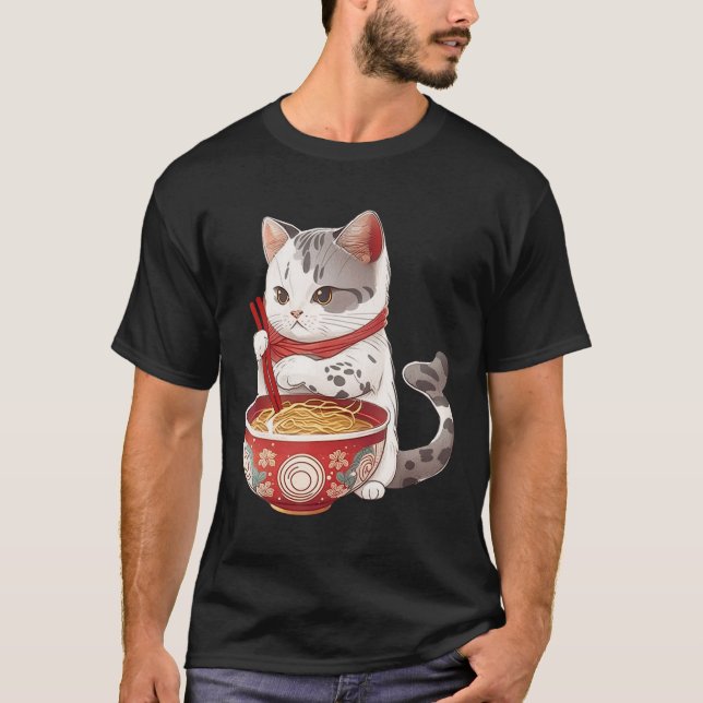 Camiseta Kawaii NeKo Cat Comendo Ramen Noodles Comida Japon (Frente)
