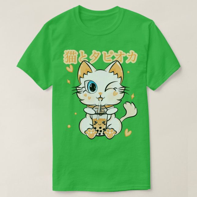 Camiseta Kawaii Neko Cat Pastel Japonês Tapioca Bubble Tea (Frente do Design)