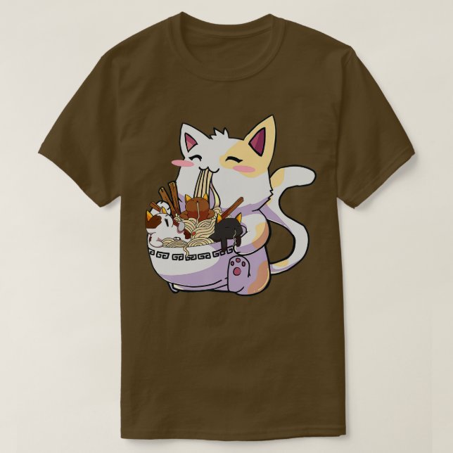 Camiseta Kawaii Neko Cat Ramen Bowl Anime Noodles Japoneses (Frente do Design)