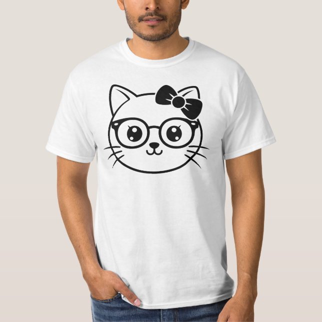 Camiseta Kawaii Nerdy Cat Face with Glasses and Bow Line Ar (Frente)