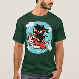 Camiseta Kawaii Ninja Cat Andando um Dragão Vermelho
