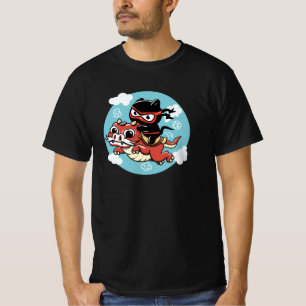 Camiseta Kawaii Ninja Cat Andando um Dragão Vermelho