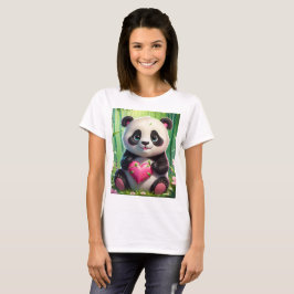 Camiseta Kawaii Panda Segurando Coração em uma Floresta de
