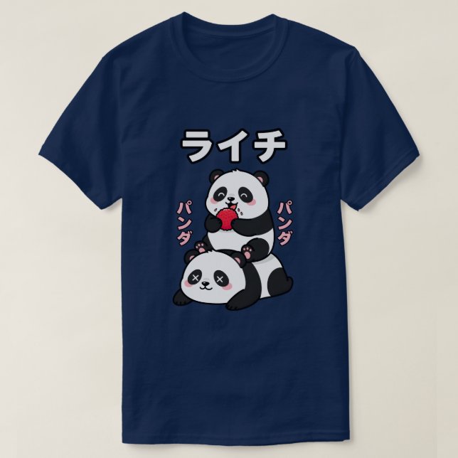 Camiseta Kawaii Panda Stack Lychee Fruit Japanese Cartoon (Frente do Design)