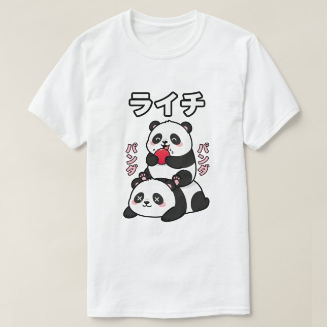 Camiseta Kawaii Panda Stack Lychee Fruit Japanese Cartoon (Frente do Design)